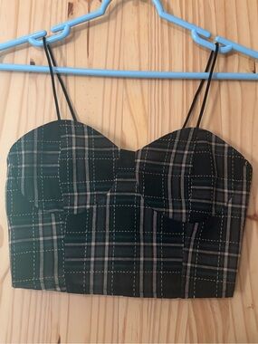 ROMWE Black Plaid Bustier Crop Top with Spaghetti Straps